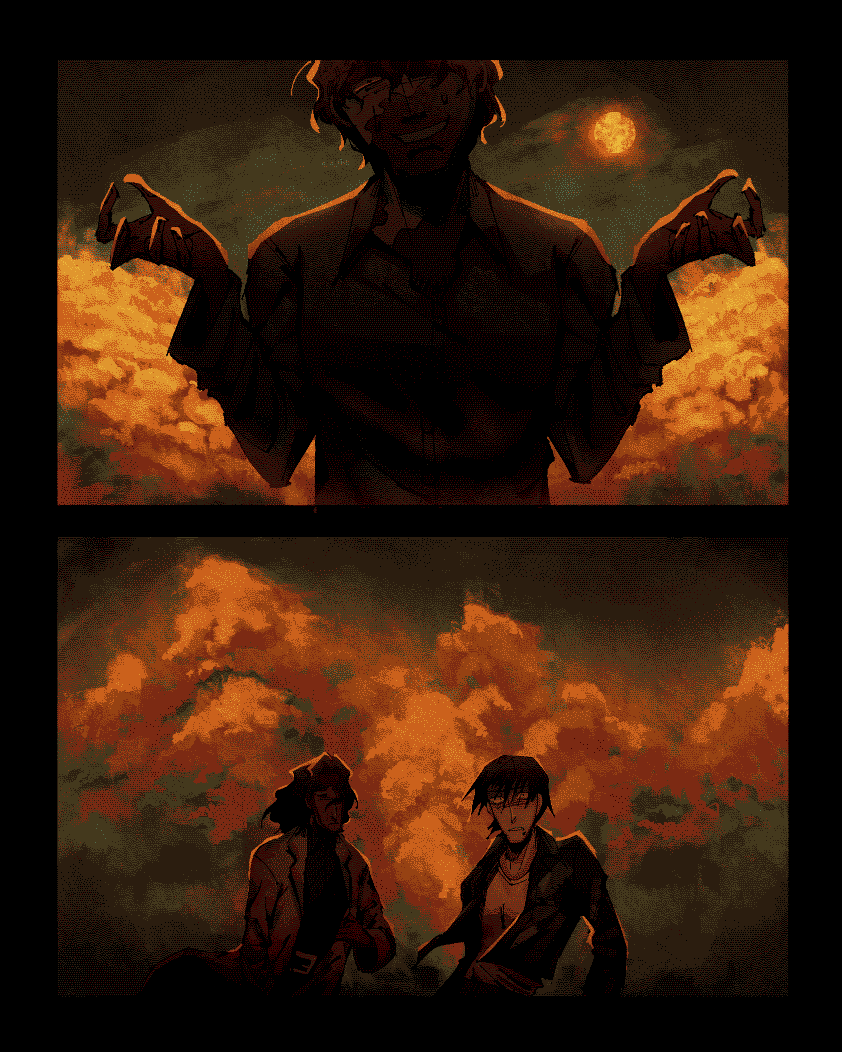A two panel illustration of my characters Dahlia (top panel), Ven, and Mei (bottom panel). Takes place somewhere ambigous at the time of a sunset.