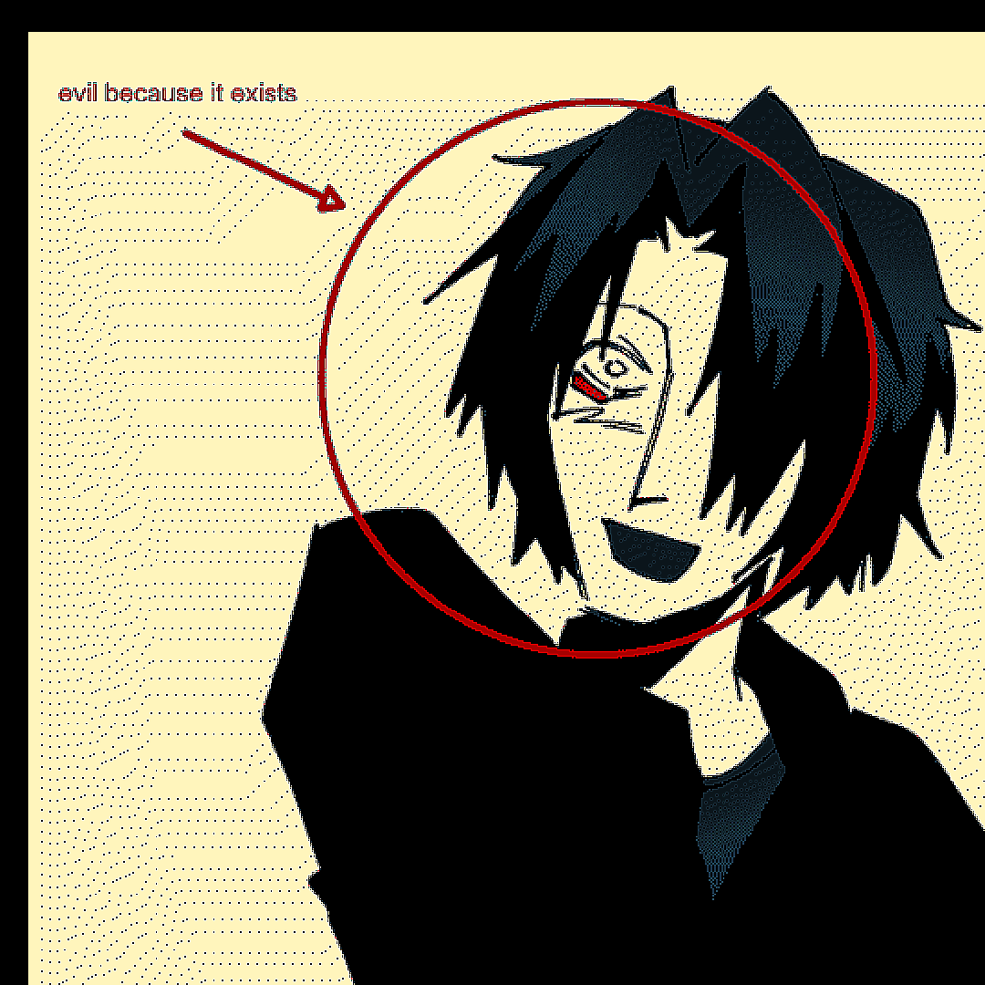 My character Sua centered inside a red circle that's tagged 'evil because it exists'.