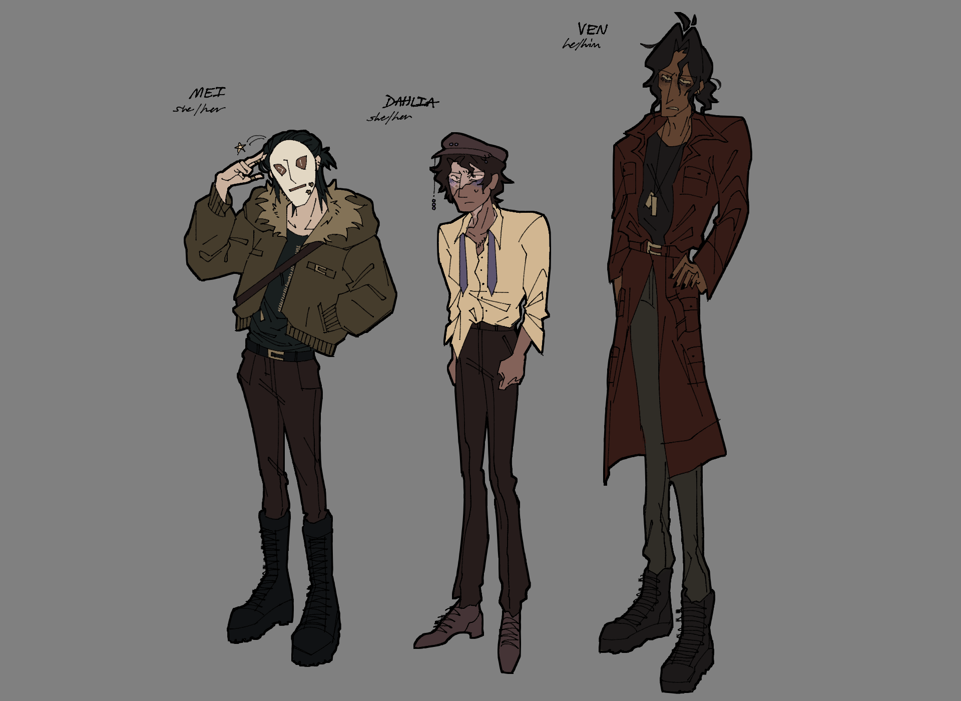 A lineup of my characters Mei, Dahlia, and Ven.