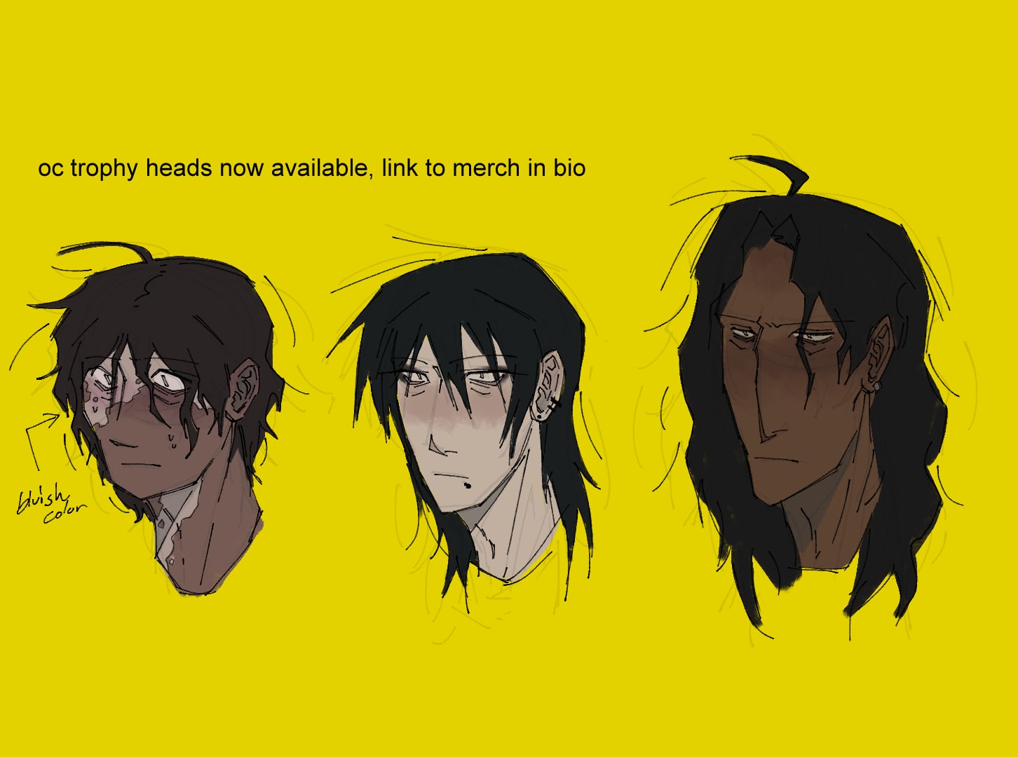 A lineup of my characters Dahlia, Mei, and Ven's heads; there's a caption that reads 'oc trophy heads now available, link to merch in bio'