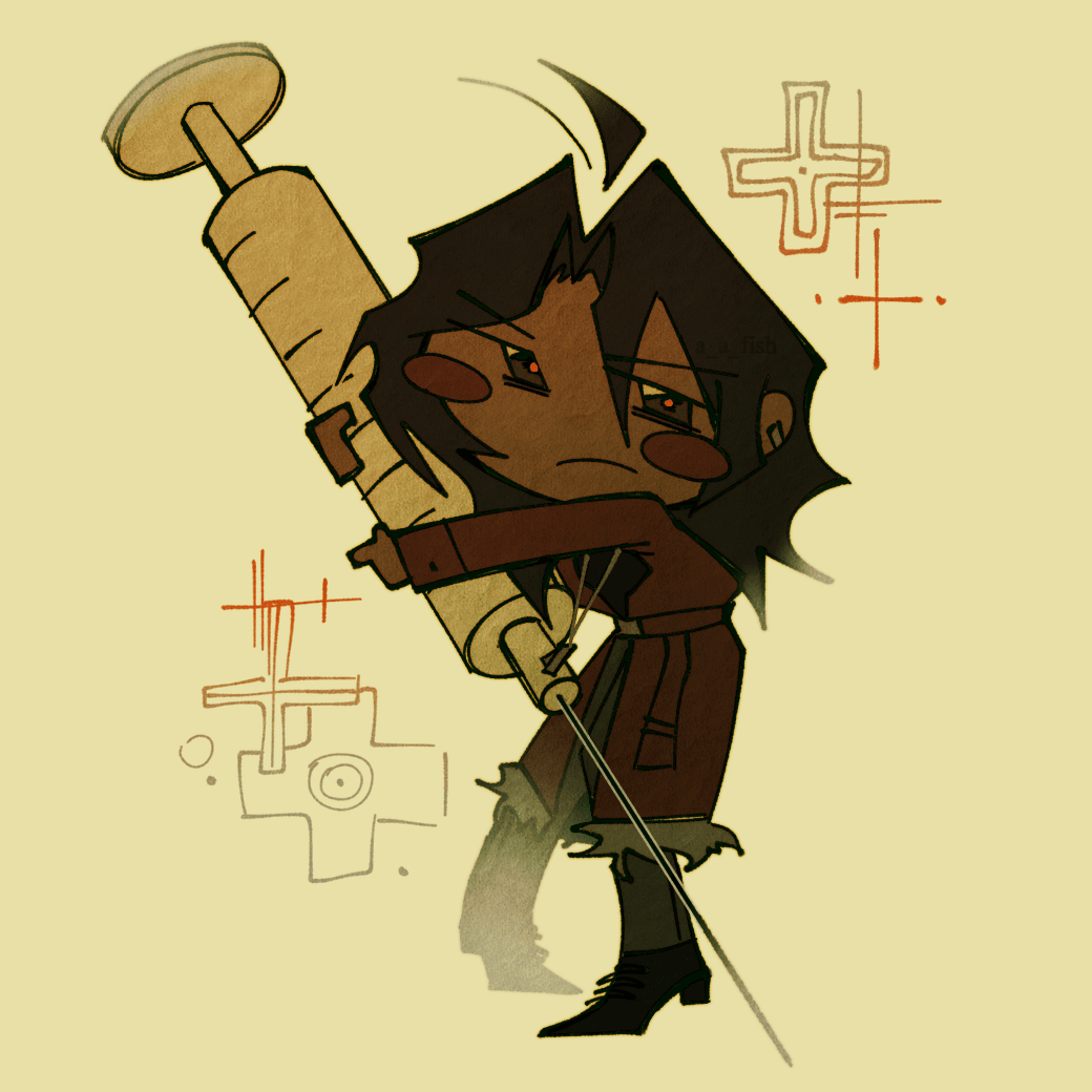 A chibi of my character Ven, holding a giant syringe.