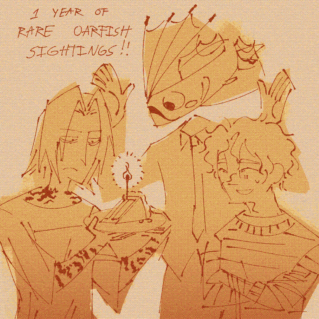 The text reads: '1 year of Rare Oarfish Sightings!!'; Doodle of my OCs An, Vanitas, and Dahlia looking at a single cake slice